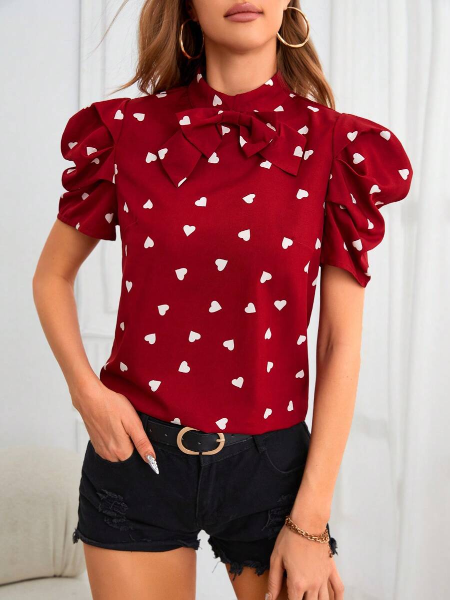 SHEIN Privé In Trái tim Nơ mặt trước Ống tay áo Áo sơ mi - Đỏ và trắng - Xem 1