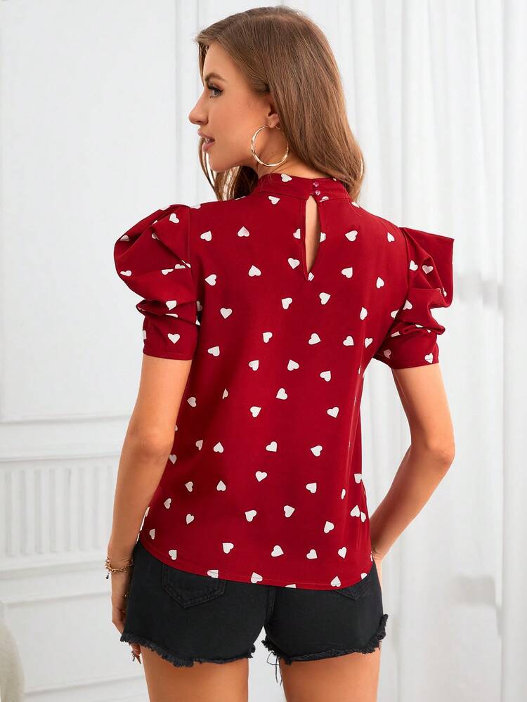 SHEIN Privé 愛心圖案前蝴蝶結泡泡袖襯衫 - 紅白色 - 查看 2