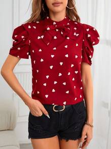 SHEIN Privé In Trái tim Nơ mặt trước Ống tay áo Áo sơ mi - Đỏ và trắng - Xem 3