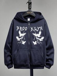 SHEIN 男童字母和鸽子印花袋鼠口袋拉链卫衣 - 藏蓝色 - 查看 1