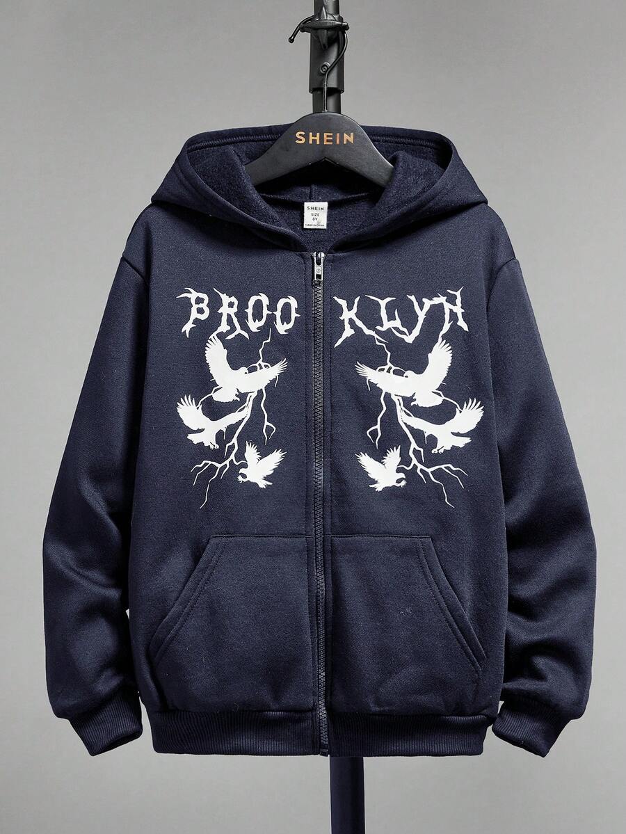 SHEIN 男童字母和鸽子印花袋鼠口袋拉链卫衣 - 藏蓝色 - 查看 1