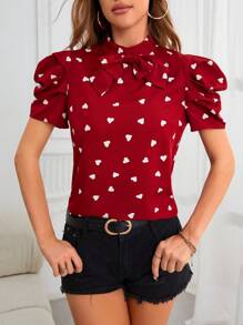 SHEIN Privé In Trái tim Nơ mặt trước Ống tay áo Áo sơ mi - Đỏ và trắng - Xem 4