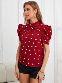 SHEIN Privé In Trái tim Nơ mặt trước Ống tay áo Áo sơ mi - Đỏ và trắng - Xem 5