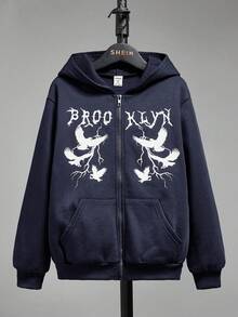 SHEIN 男童字母和鸽子印花袋鼠口袋拉链卫衣 - 藏蓝色 - 查看 3