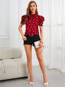 SHEIN Privé In Trái tim Nơ mặt trước Ống tay áo Áo sơ mi - Đỏ và trắng - Xem 6
