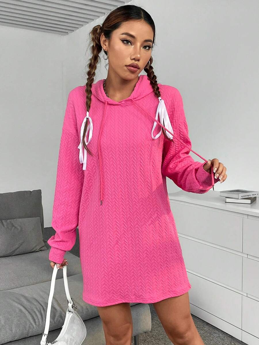 SHEIN Unity 素色抽繩連帽落肩袖衛衣洋裝 - 玫紅色 - 查看 1