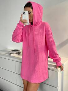 SHEIN Unity 素色抽繩連帽落肩袖衛衣洋裝 - 玫紅色 - 查看 3