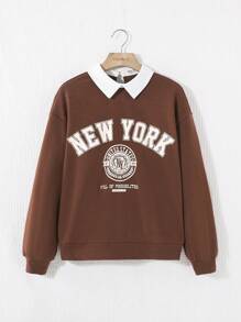 Teen Girl Letter Graphic Contrast Collar Drop Shoulder Sweatshirt - Coffee Brown - View 1