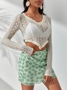 SHEIN VCAY Frill Trim Hanky Hem Crop Top Without Bra - Beige - View 3