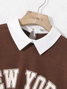 Teen Girl Letter Graphic Contrast Collar Drop Shoulder Sweatshirt - Coffee Brown - View 4