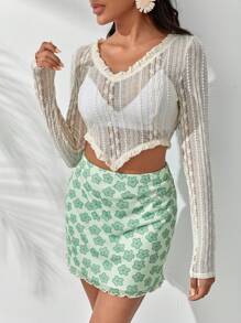 SHEIN VCAY Frill Trim Hanky Hem Crop Top Without Bra - Beige - View 1