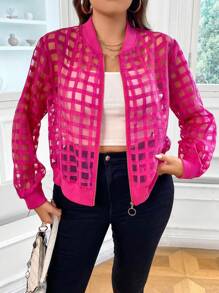 Flirla Talla grande Cazadora tipo bomber con abertura con cremallera - Rosa Fucsia - Ver 3