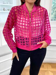 Flirla Talla grande Cazadora tipo bomber con abertura con cremallera - Rosa Fucsia - Ver 2