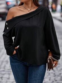 SHEIN Unity Plus Asymmetrical Neck Drop Shoulder Blouse - Black - View 4