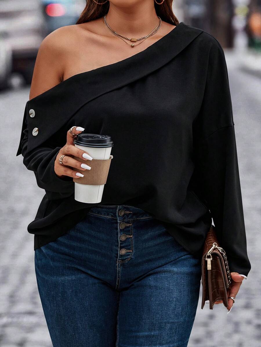 SHEIN Unity Plus Asymmetrical Neck Drop Shoulder Blouse - Black - View 1