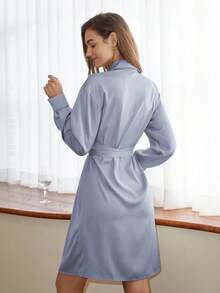 素色前紐扣打結細節襯衫洋裝 - 藍色 - 查看 1