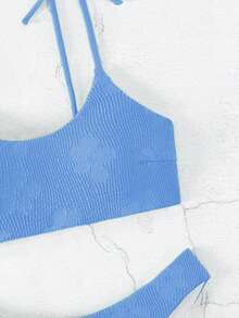 肩上打結比基尼泳裝 - 藍色 - 查看 3