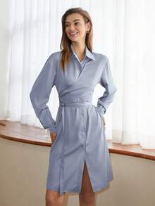 素色前紐扣打結細節襯衫洋裝 - 藍色 - 查看 2