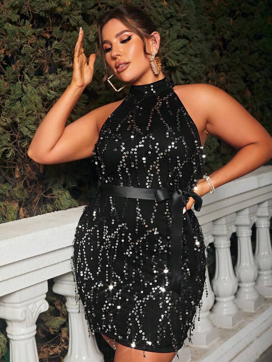 Glamaker Hơn Kim sa Halter Neck Đầm - màu đen - Xem 1