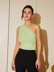 單肩褶邊襯衫 - 青檸色 - 查看 3