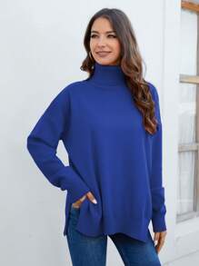 Cinemore 高領落肩袖下擺開叉套頭毛衣 - 藍色 - 查看 1