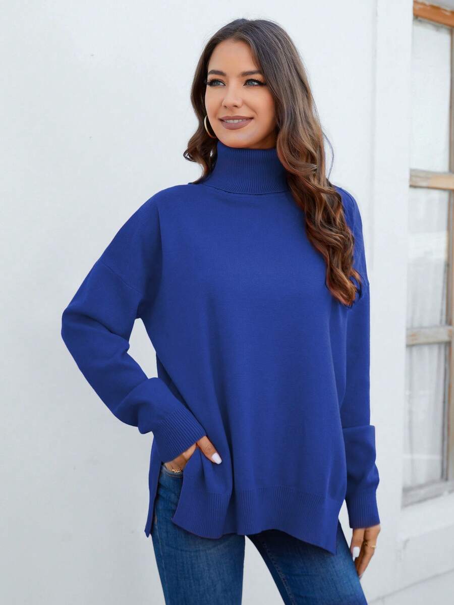 Cinemore 高領落肩袖下擺開叉套頭毛衣 - 藍色 - 查看 1