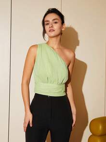 單肩褶邊襯衫 - 青檸色 - 查看 4