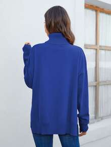 Cinemore 高領落肩袖下擺開叉套頭毛衣 - 藍色 - 查看 2