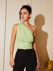 單肩褶邊襯衫 - 青檸色 - 查看 5