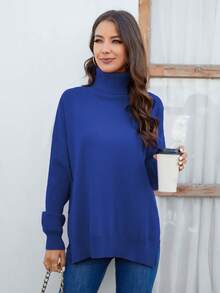 Cinemore 高領落肩袖下擺開叉套頭毛衣 - 藍色 - 查看 3