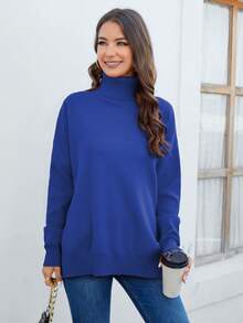 Cinemore 高領落肩袖下擺開叉套頭毛衣 - 藍色 - 查看 4