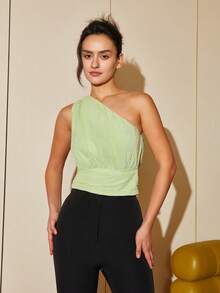 單肩褶邊襯衫 - 青檸色 - 查看 7