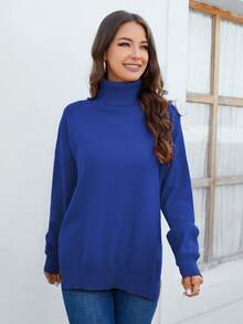 Cinemore 高領落肩袖下擺開叉套頭毛衣 - 藍色 - 查看 5