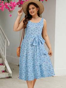 Talla grande Vestido con estampado floral - Azul - Ver 1