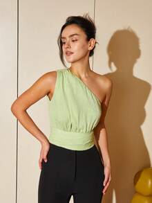單肩褶邊襯衫 - 青檸色 - 查看 8