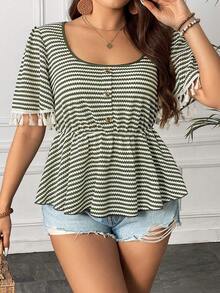SHEIN Franclia Plus Striped Print Tassel Trim Button Front Peplum Tee - Green - View 2