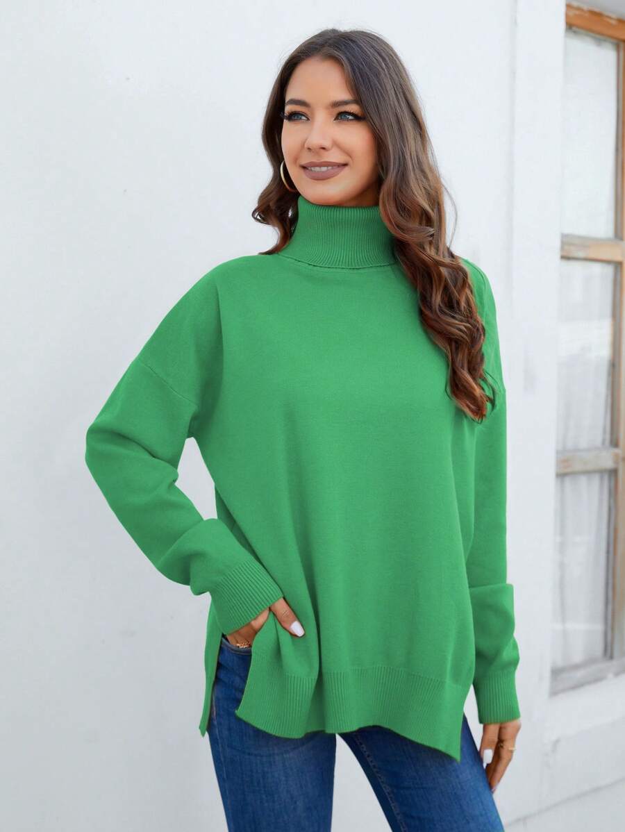 Cinemore Áo cao cổ Thả vai Viền chia cắt Áo len - màu xanh lá - Xem 1