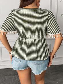 SHEIN Franclia Plus Striped Print Tassel Trim Button Front Peplum Tee - Green - View 3