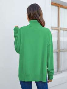 Cinemore Áo cao cổ Thả vai Viền chia cắt Áo len - màu xanh lá - Xem 2