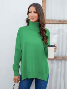 Cinemore Áo cao cổ Thả vai Viền chia cắt Áo len - màu xanh lá - Xem 3
