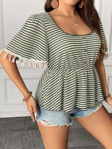 SHEIN Franclia Plus Striped Print Tassel Trim Button Front Peplum Tee - Green - View 4