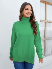 Cinemore Áo cao cổ Thả vai Viền chia cắt Áo len - màu xanh lá - Xem 4