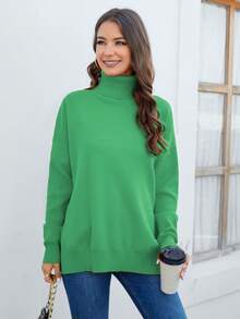 Cinemore Áo cao cổ Thả vai Viền chia cắt Áo len - màu xanh lá - Xem 5