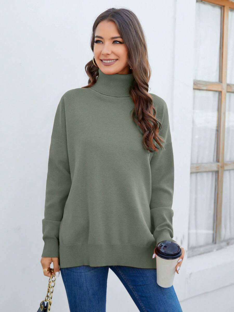 Cinemore Áo cao cổ Thả vai Viền chia cắt Áo len - Màu xanh Ô liu - Xem 1