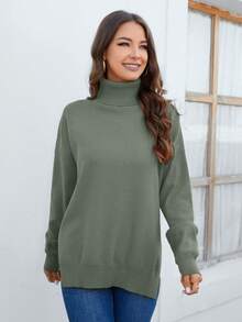 Cinemore Áo cao cổ Thả vai Viền chia cắt Áo len - Màu xanh Ô liu - Xem 3