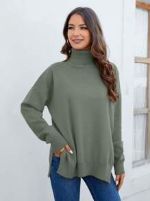 Cinemore Áo cao cổ Thả vai Viền chia cắt Áo len - Màu xanh Ô liu - Xem 4