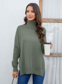 Cinemore Áo cao cổ Thả vai Viền chia cắt Áo len - Màu xanh Ô liu - Xem 5