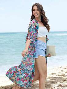 Floral Print Open Front Kimono Summer - Multicolor - View 1