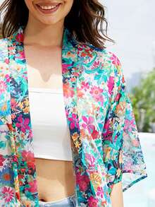 Floral Print Open Front Kimono Summer - Multicolor - View 3