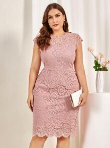MIUSOL Plus Floral Full Lace Scallop Trim Cocktail Party Fitted Dress - Baby Pink - View 1
